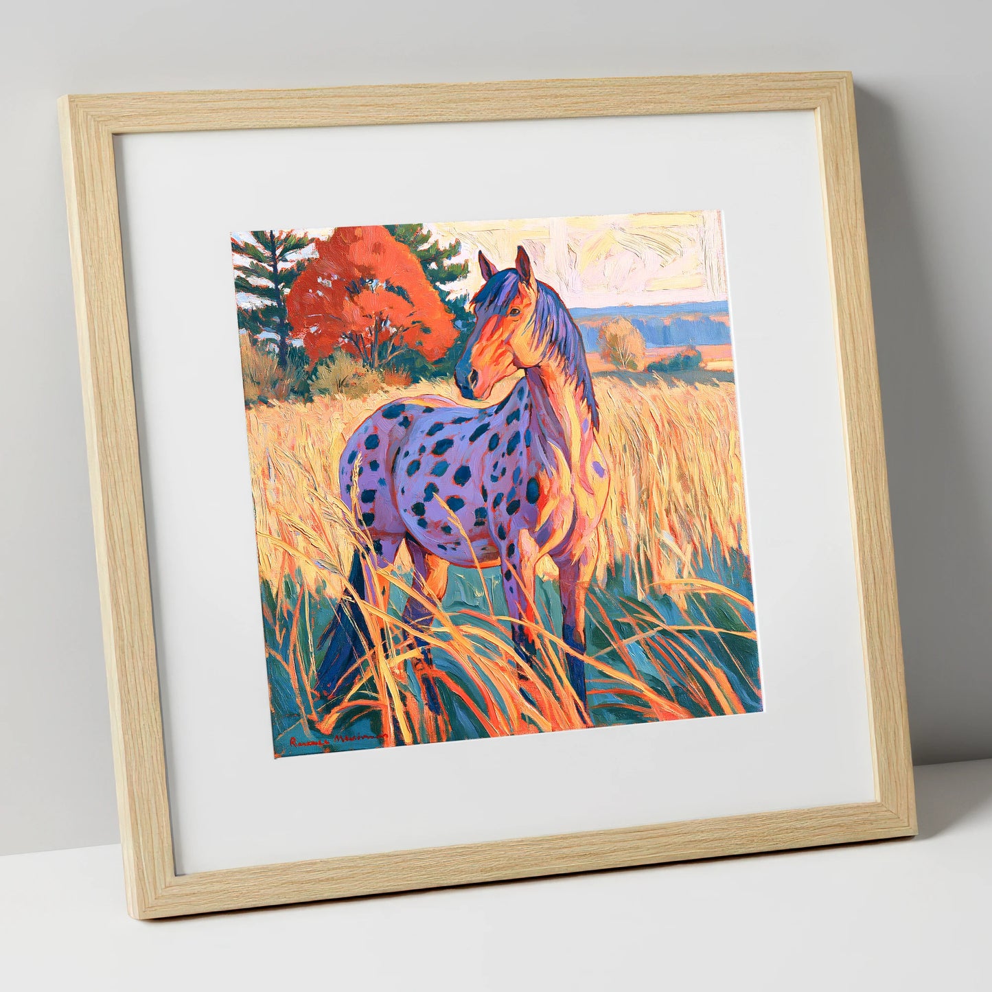 Spotted Appaloosa in Autumn Grass horse breed art print in natural frame