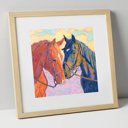 Vibrant Equine Bond horse portrait art print in natural frame