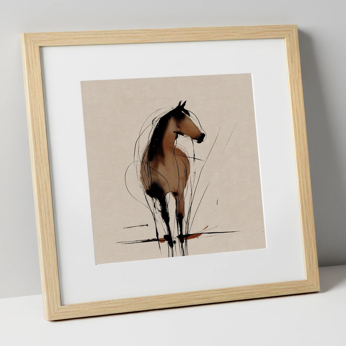 Gestural Sepia Equine horse portrait art print in natural frame
