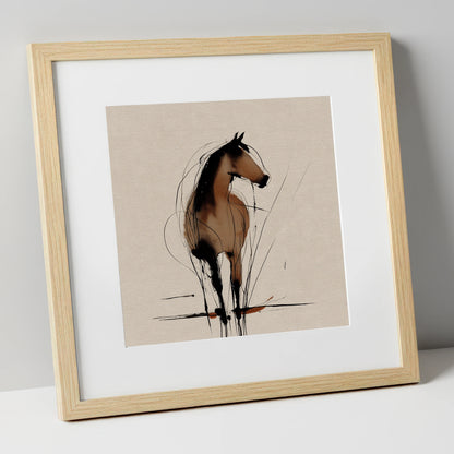 Gestural Sepia Equine horse portrait art print in natural frame