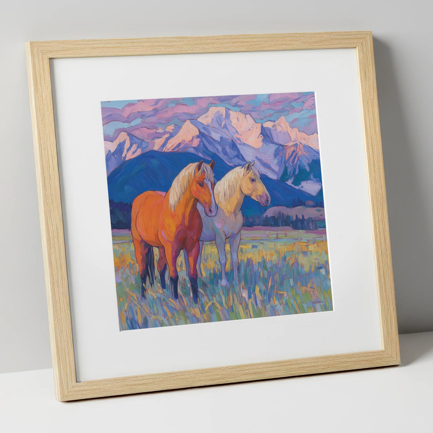 Painted Mountain Pasture horse landscape art print in natural frame