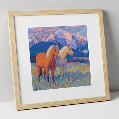 Painted Mountain Pasture horse landscape art print in natural frame