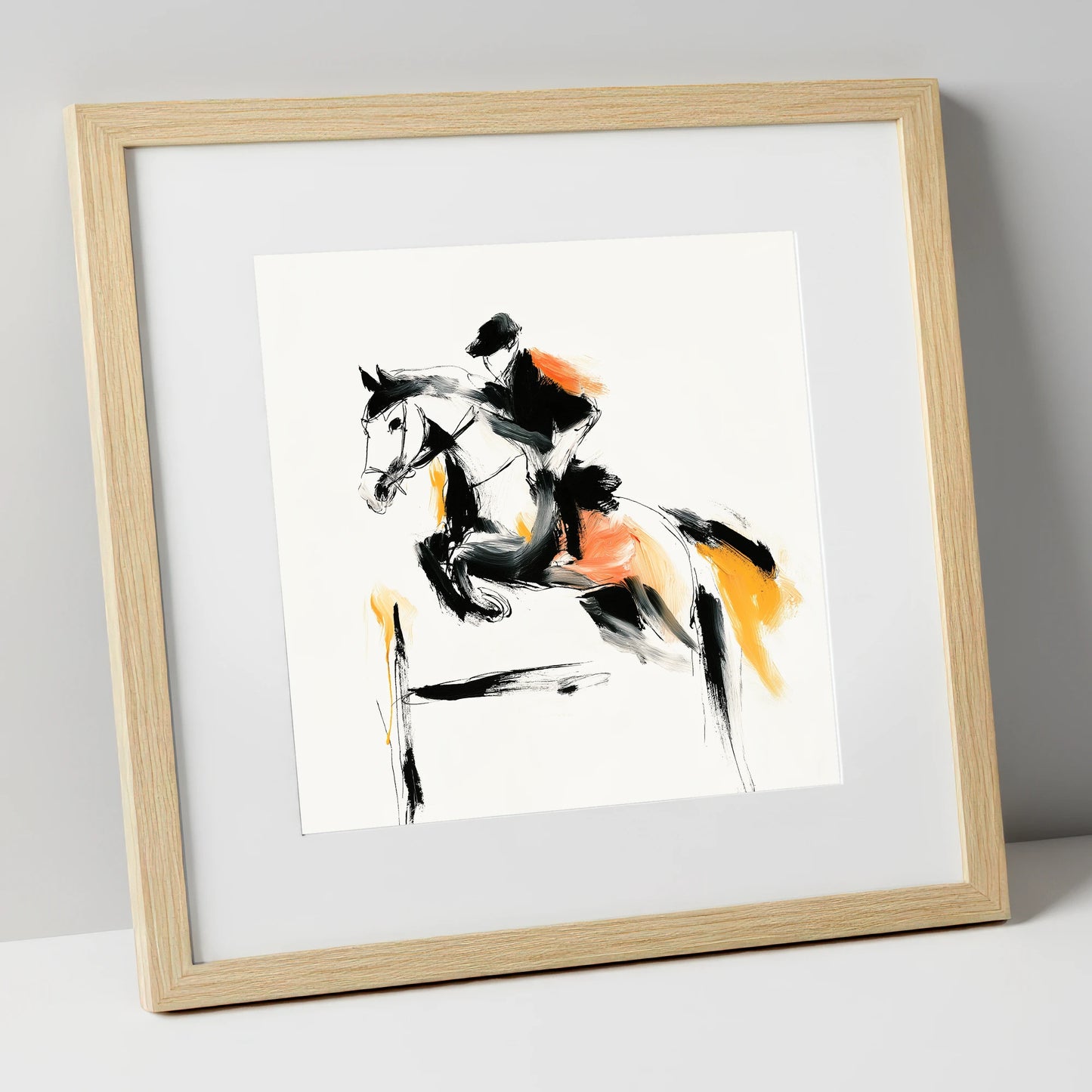 The Amber Leap show jumping horse art print in natural frame