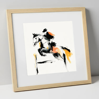 The Amber Leap show jumping horse art print in natural frame