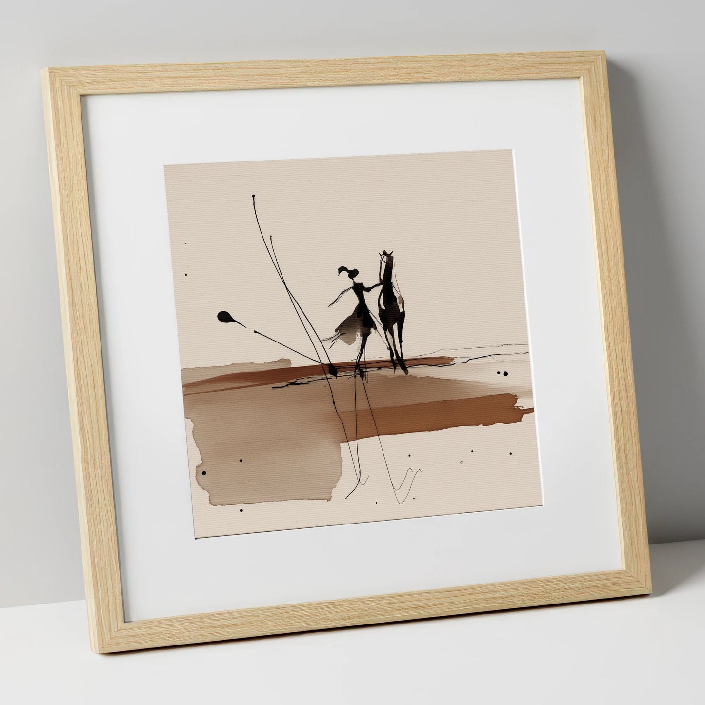 Fluid Harmony horse & rider art print in natural frame
