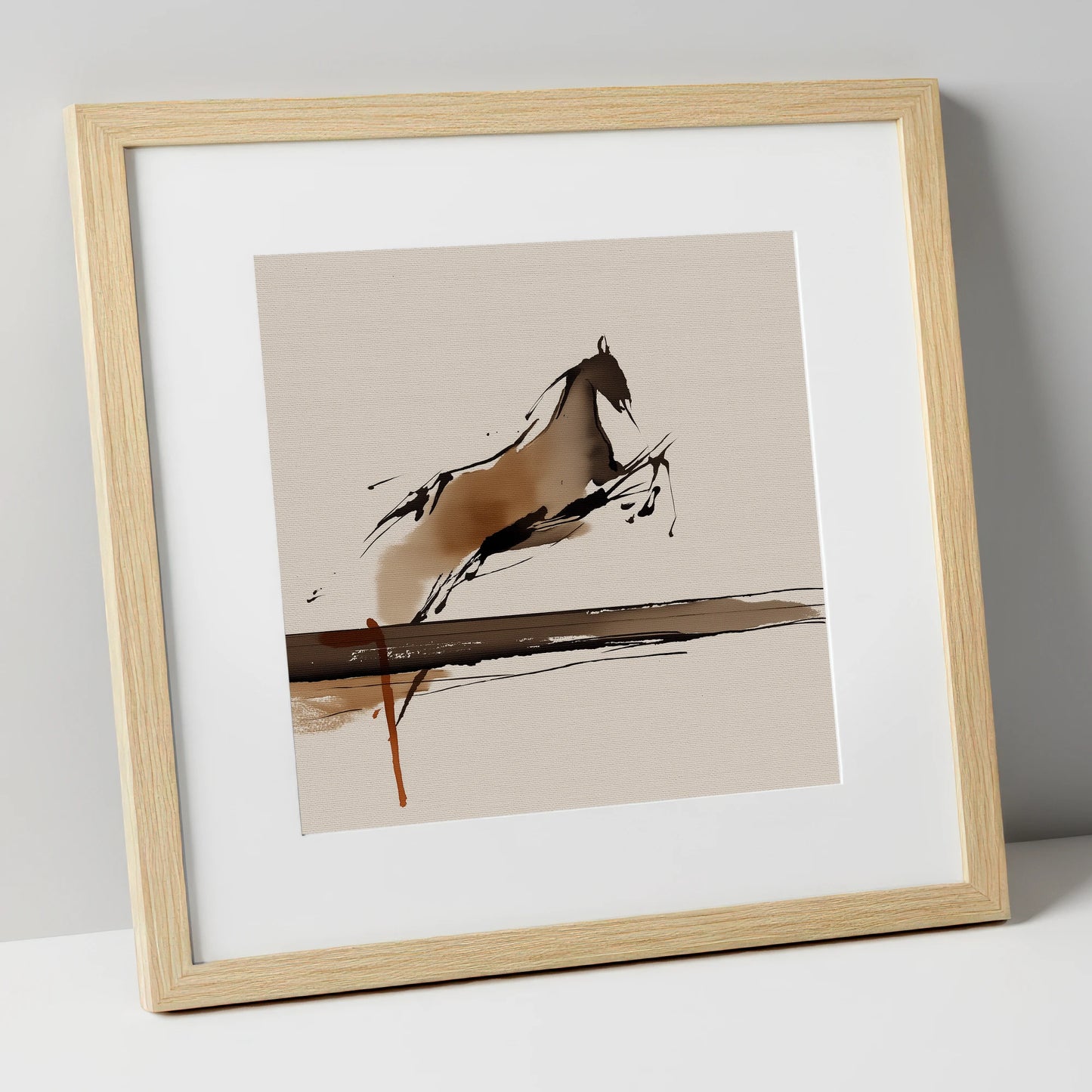 Airborne Elegance show jumping horse art print in natural frame
