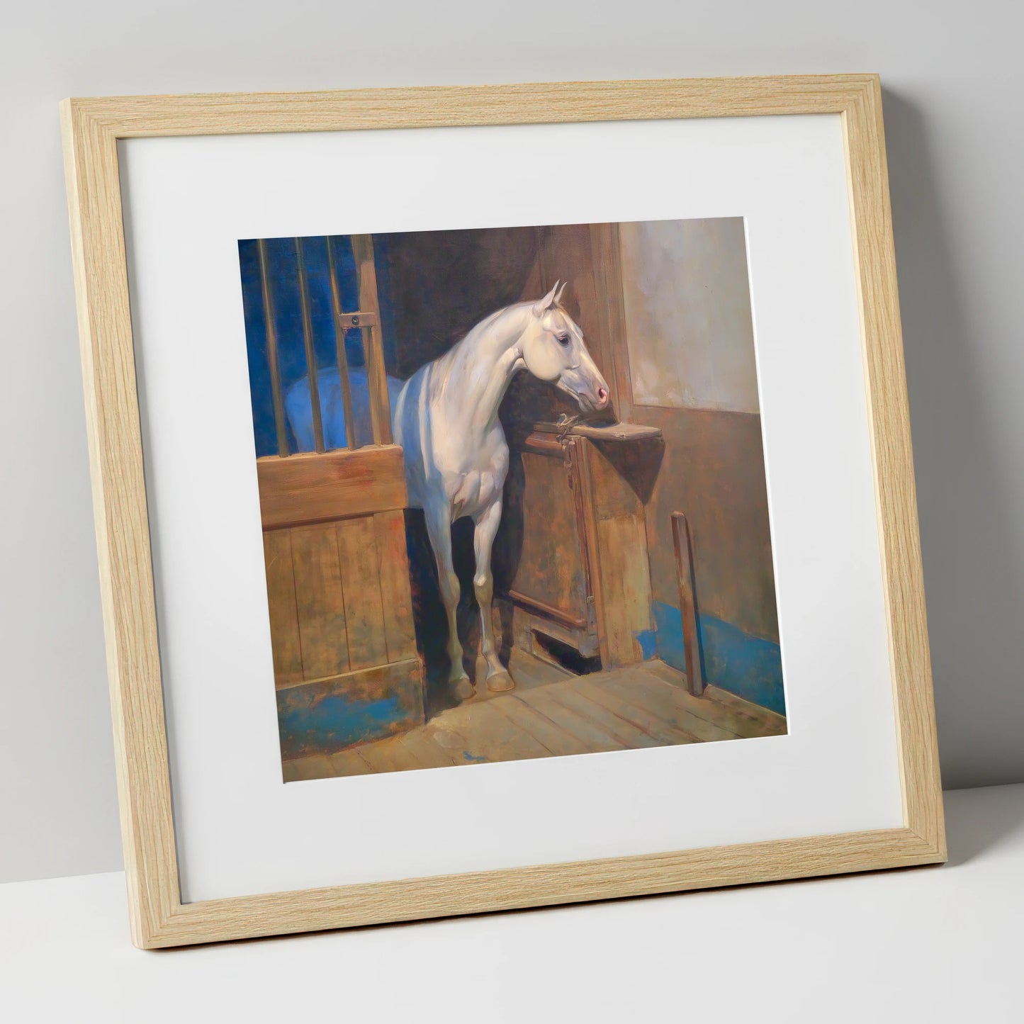 Solitude in the Stall horse stable art print in natural frame
