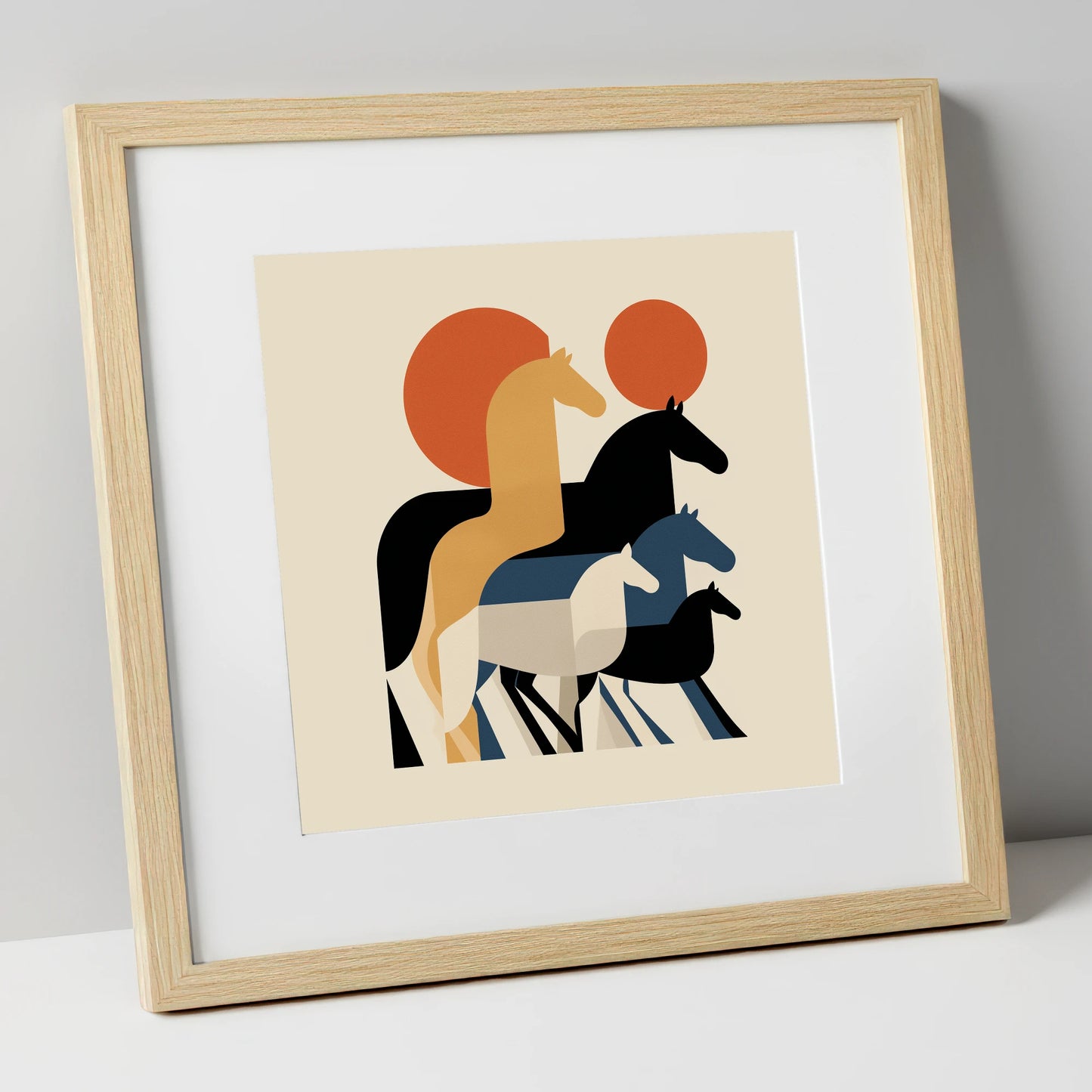 Geometric Sunrise Herd wild horses art print in natural frame
