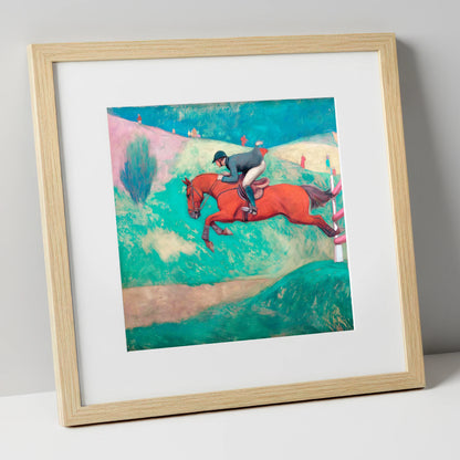 Flight Over Emerald Hills show jumping horse art print in natural frame