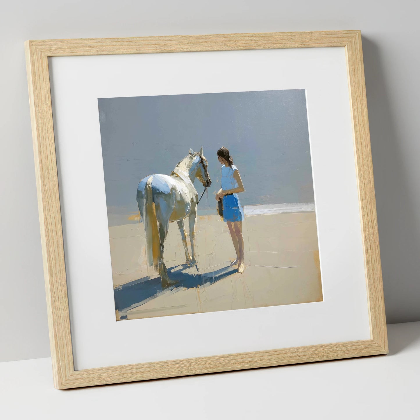 Sunlit Serenity in Blue horse & rider art print in natural frame