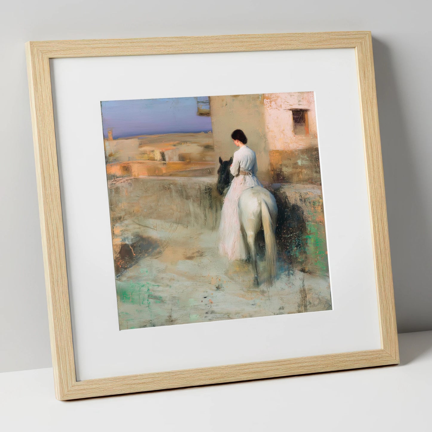 Distant Horizons horse & rider art print in natural frame