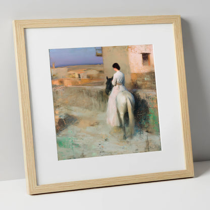 Distant Horizons horse & rider art print in natural frame