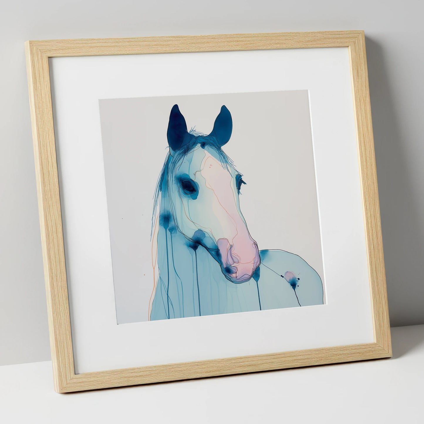 Cerulean Spirit horse portrait art print in natural frame