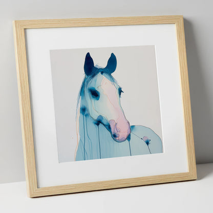 Cerulean Spirit horse portrait art print in natural frame