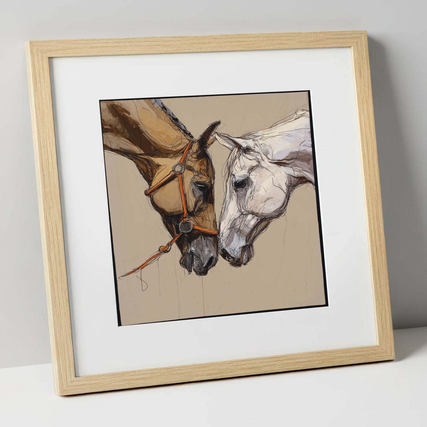 A Quiet Connection horse portrait art print in natural frame