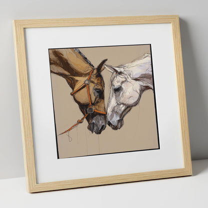 A Quiet Connection horse portrait art print in natural frame