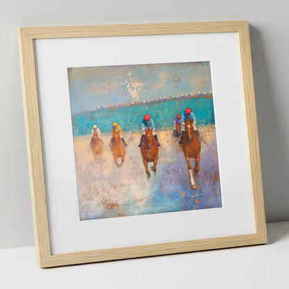 Towards the Wire racing horse art print in natural frame