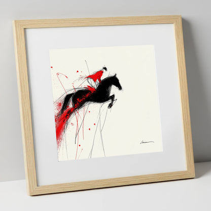 Crimson Flight show jumping horse art print in natural frame