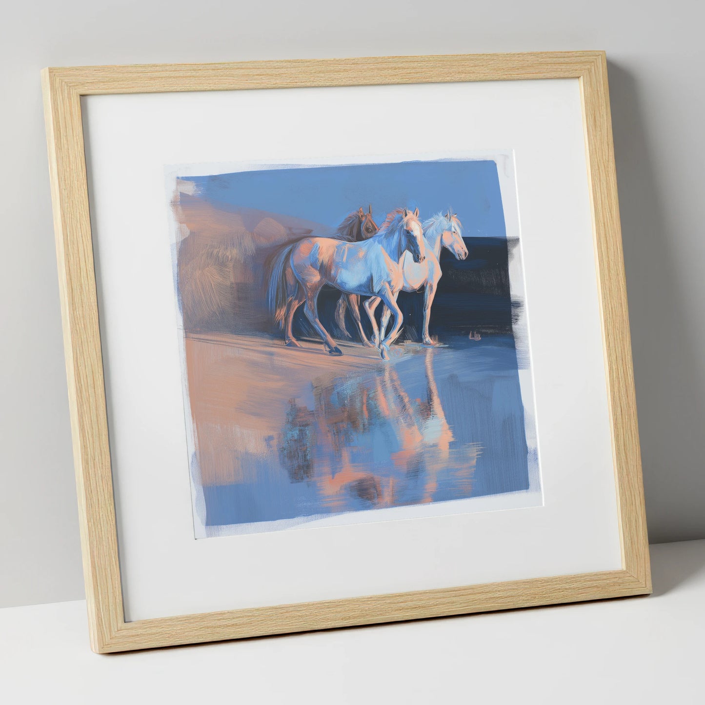 Wild Reflections at Dawn wild horses art print in natural frame