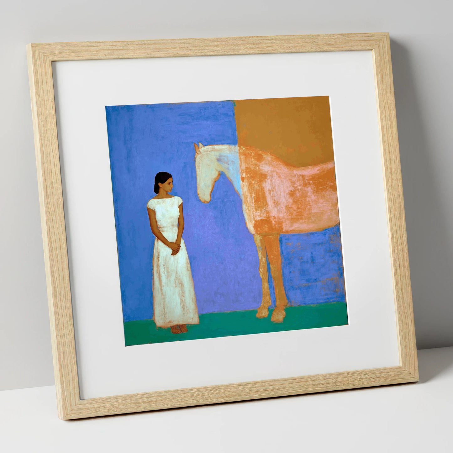 A Silent Understanding horse & rider art print in natural frame