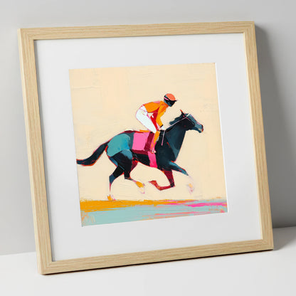 Colour on the Turf racing horse art print in natural frame