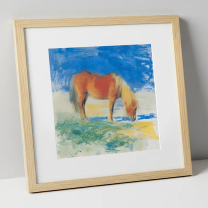 Grazing Under Cobalt Skies horse breed art print in natural frame
