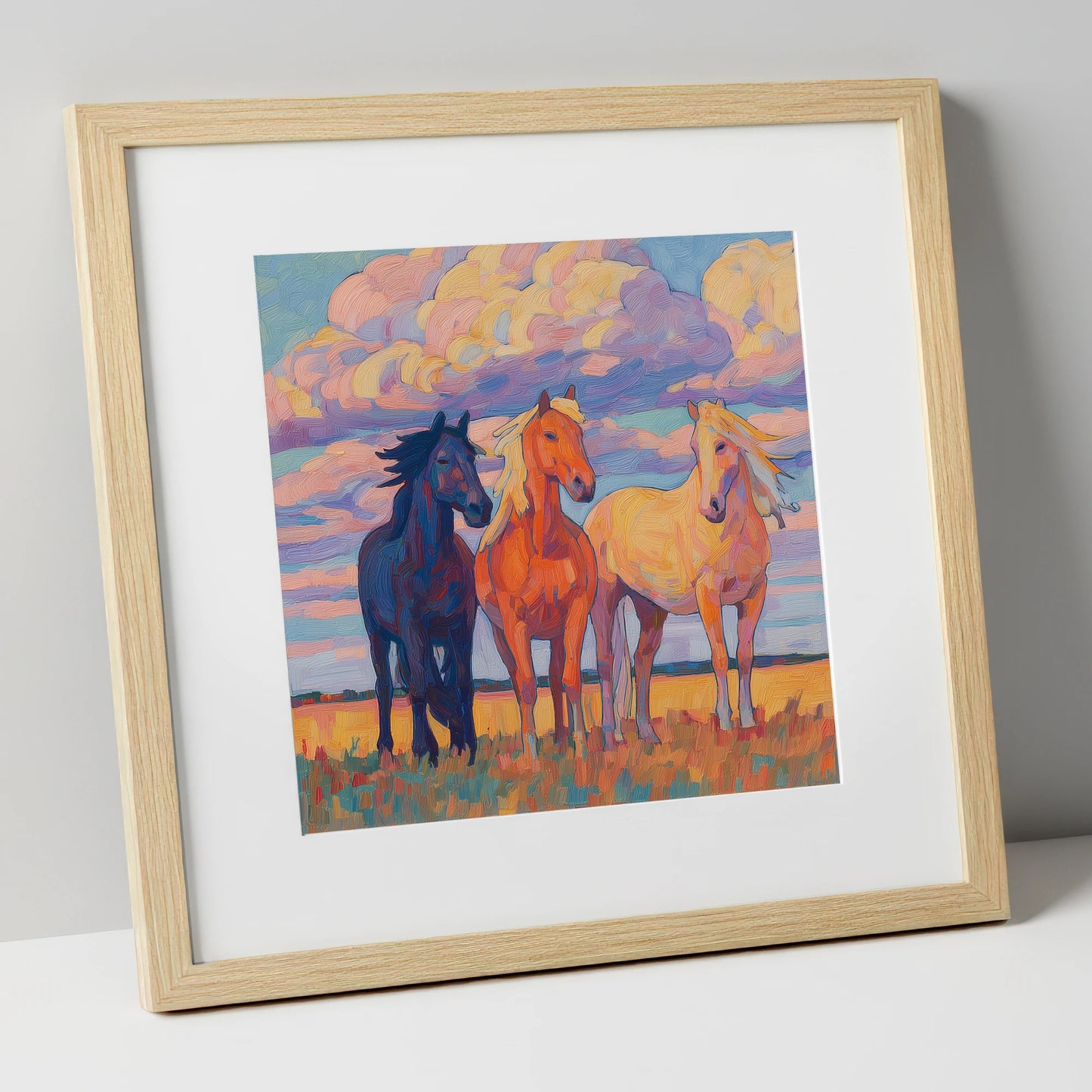 Three Under Painted Skies horse landscape art print in natural frame