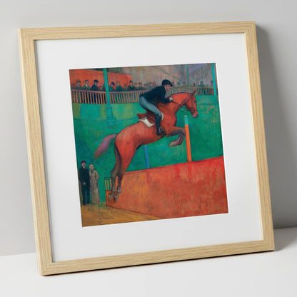 Emerald Arena Flight show jumping horse art print in natural frame
