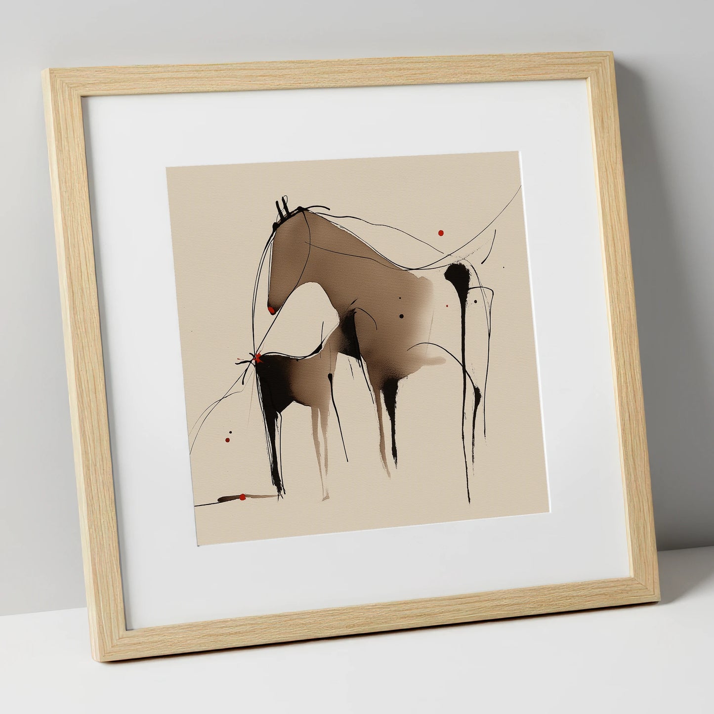 Minimalist Mare and Foal mare & foal art print in natural frame