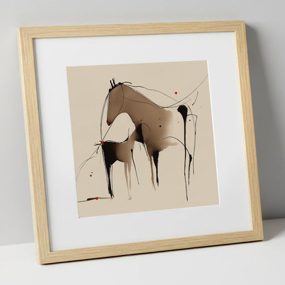 Minimalist Mare and Foal mare & foal art print in natural frame
