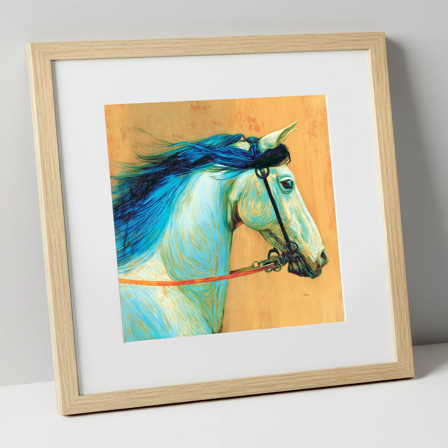 Cerulean Spirit horse portrait art print in natural frame