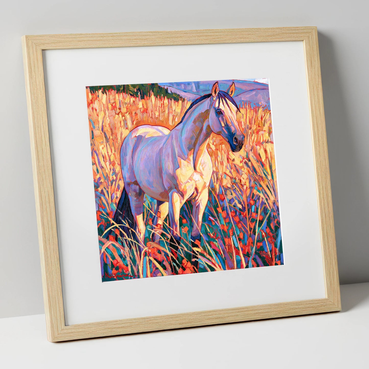 Vibrant Horse in Golden Grass horse breed art print in natural frame