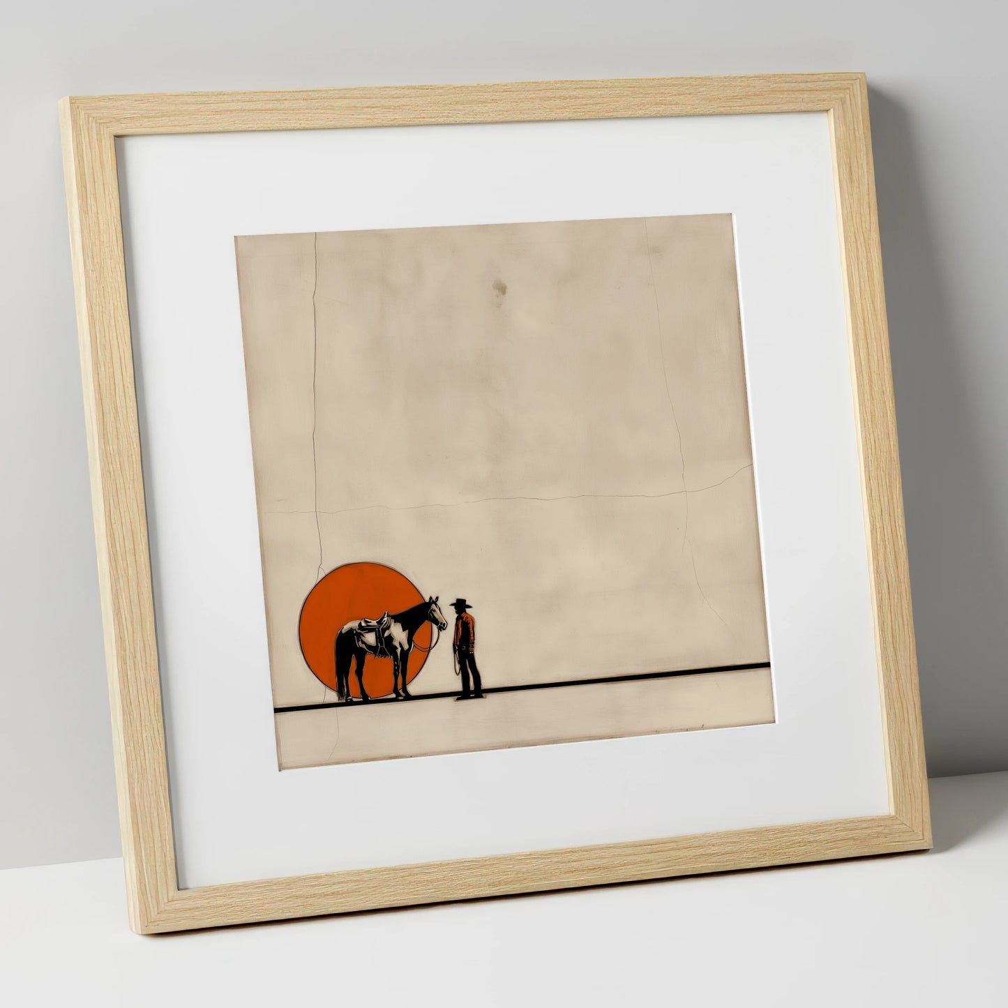 Frontier Sun Silhouette western horse art print in natural frame