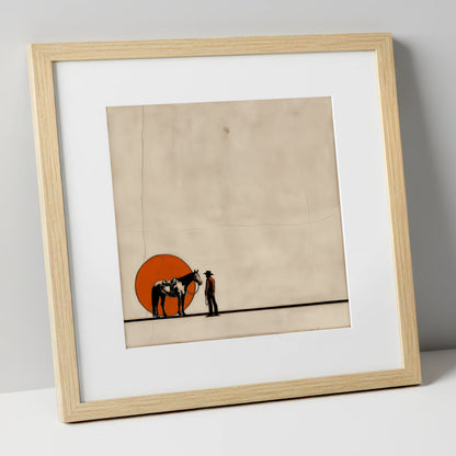 Frontier Sun Silhouette western horse art print in natural frame
