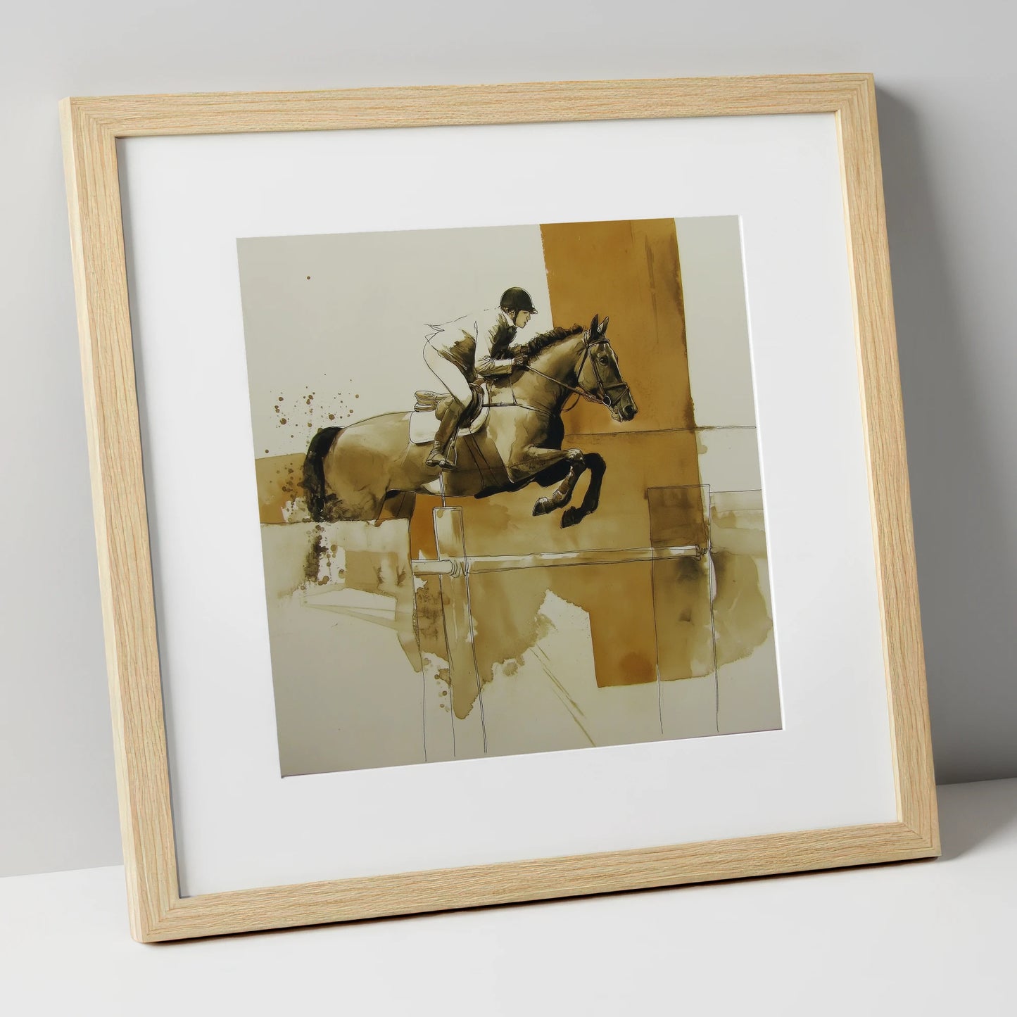 Airborne in Sepia show jumping horse art print in natural frame
