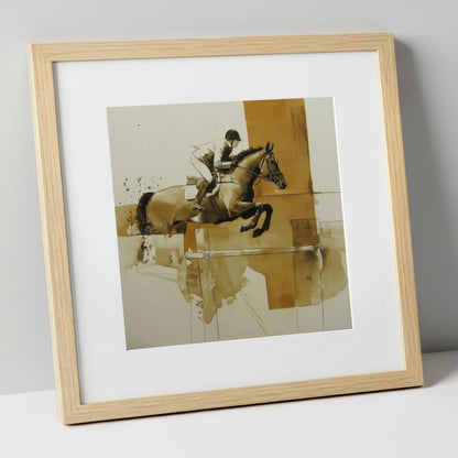 Airborne in Sepia show jumping horse art print in natural frame