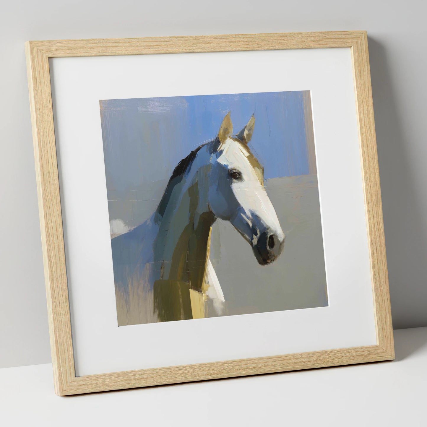 Sunlit Slate Grey horse portrait art print in natural frame