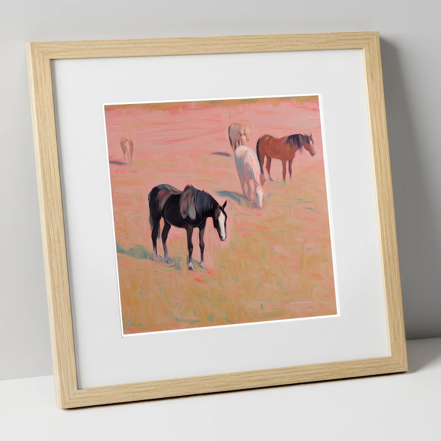 Dusky Rosa Pastures wild horses art print in natural frame