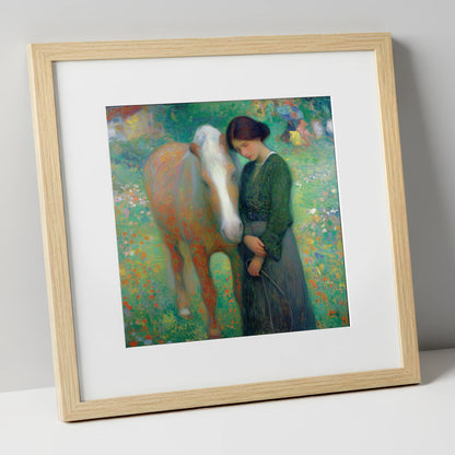 Meadow's Embrace horse & rider art print in natural frame