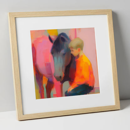 Vibrant Embrace horse & rider art print in natural frame