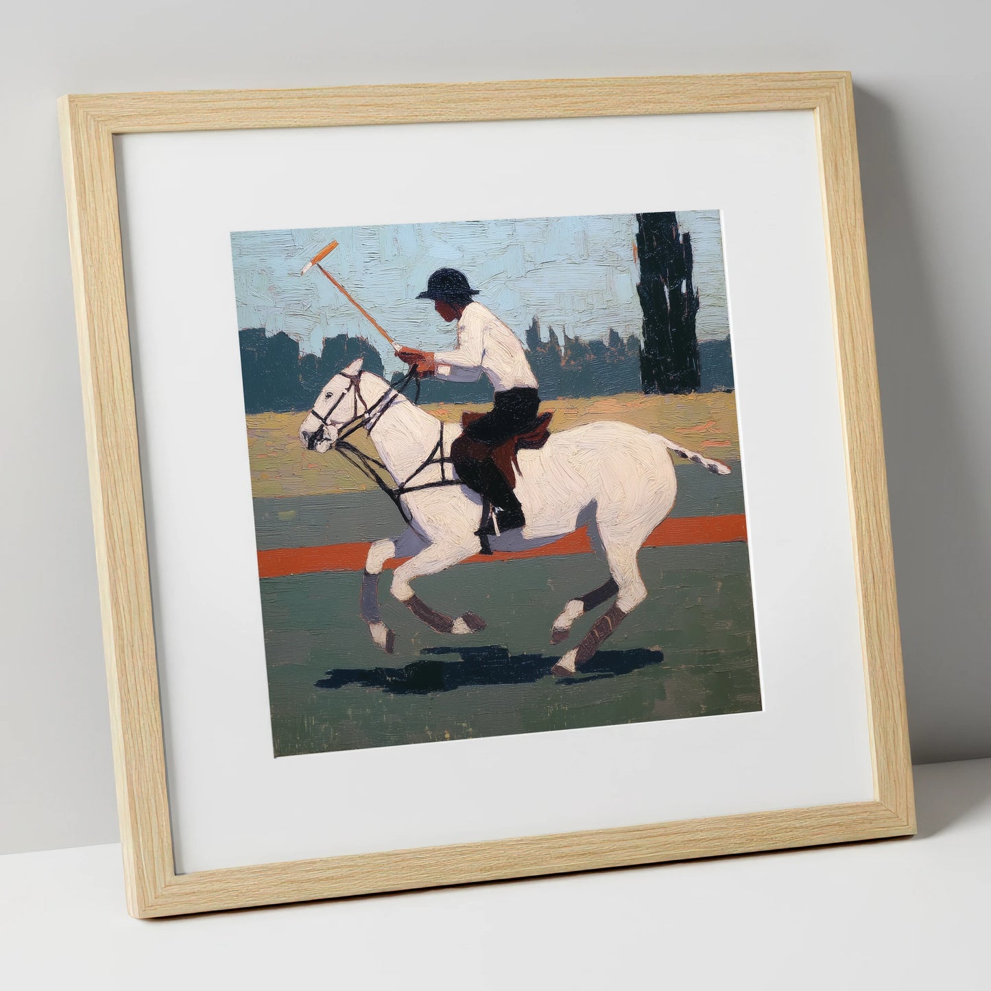 The Decisive Swing polo horse art print in natural frame