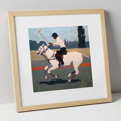 The Decisive Swing polo horse art print in natural frame