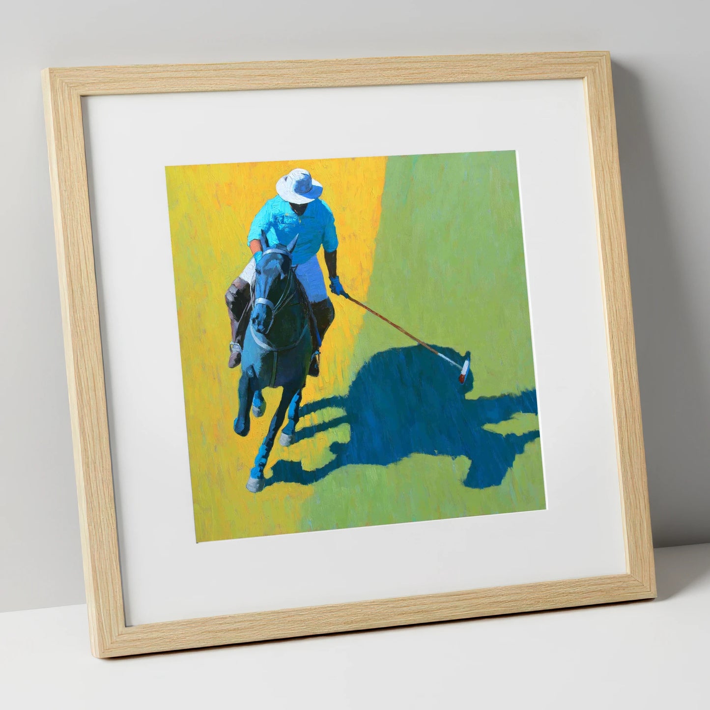 High Goal Sunlight polo horse art print in natural frame
