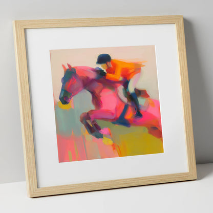 Vivid Ascent show jumping horse art print in natural frame