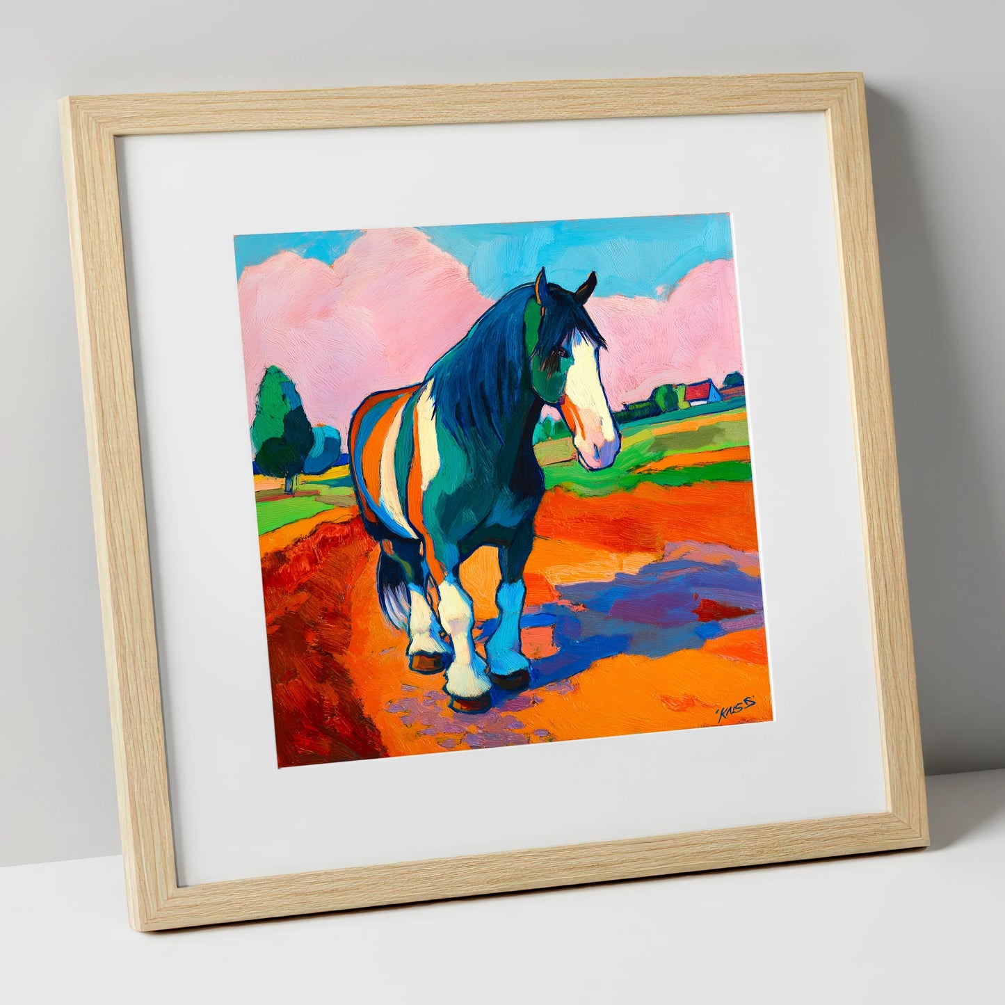 Vibrant Coloured Cob horse breed art print in natural frame