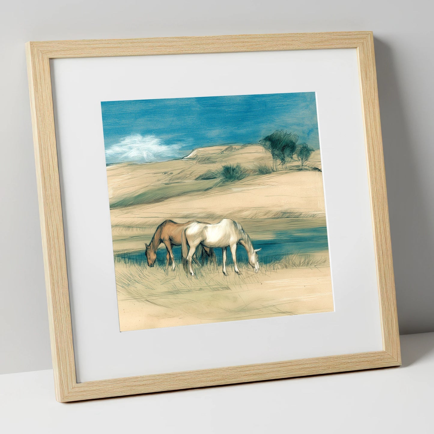 Quiet Companions horse landscape art print in natural frame