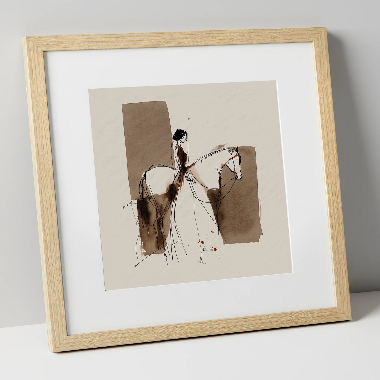 Fluid Connection horse & rider art print in natural frame