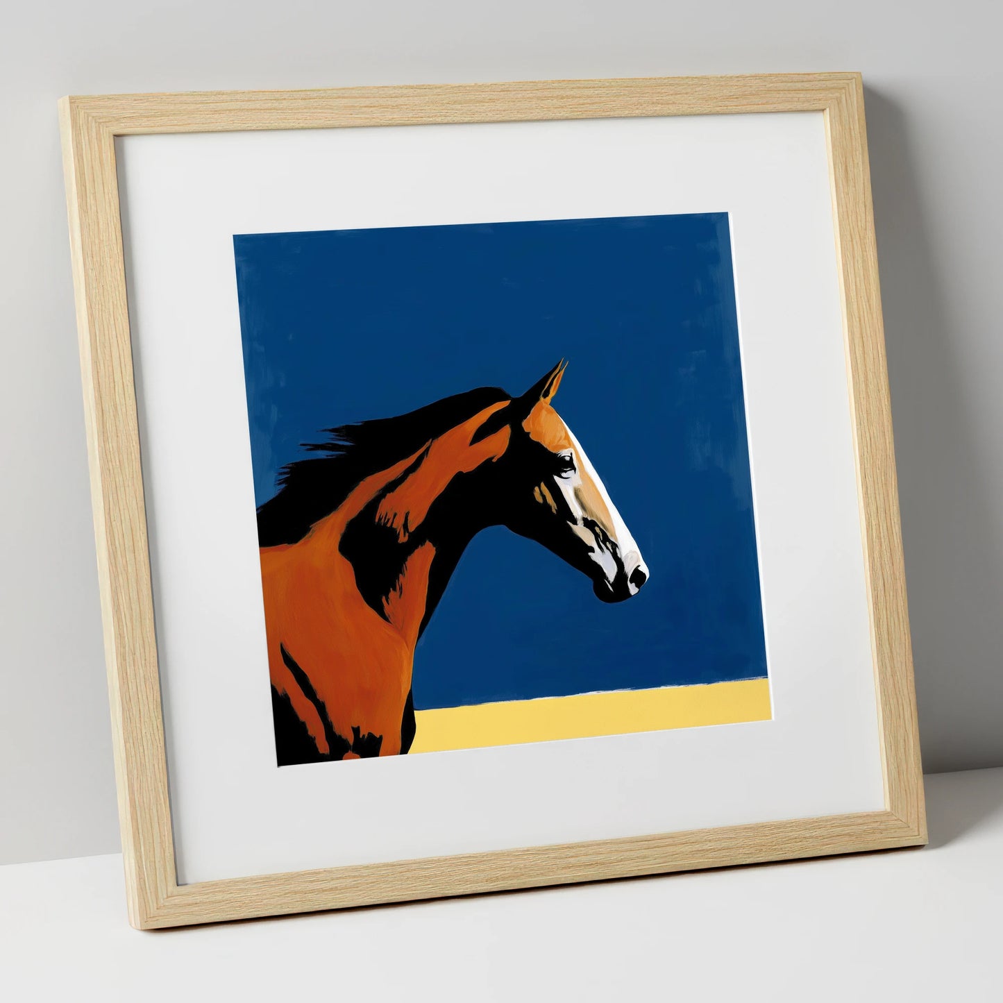 Vibrant Bay Gallop racing horse art print in natural frame