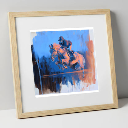 Suspended Over Cobalt show jumping horse art print in natural frame