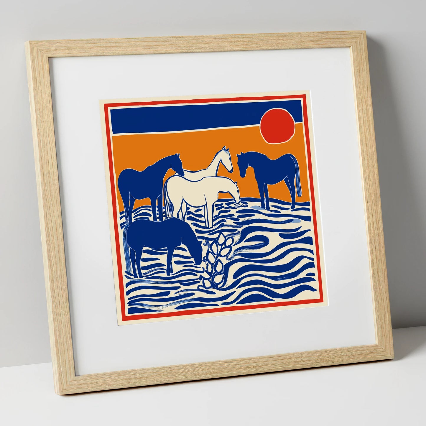 Wild Sapphire Shallows wild horses art print in natural frame